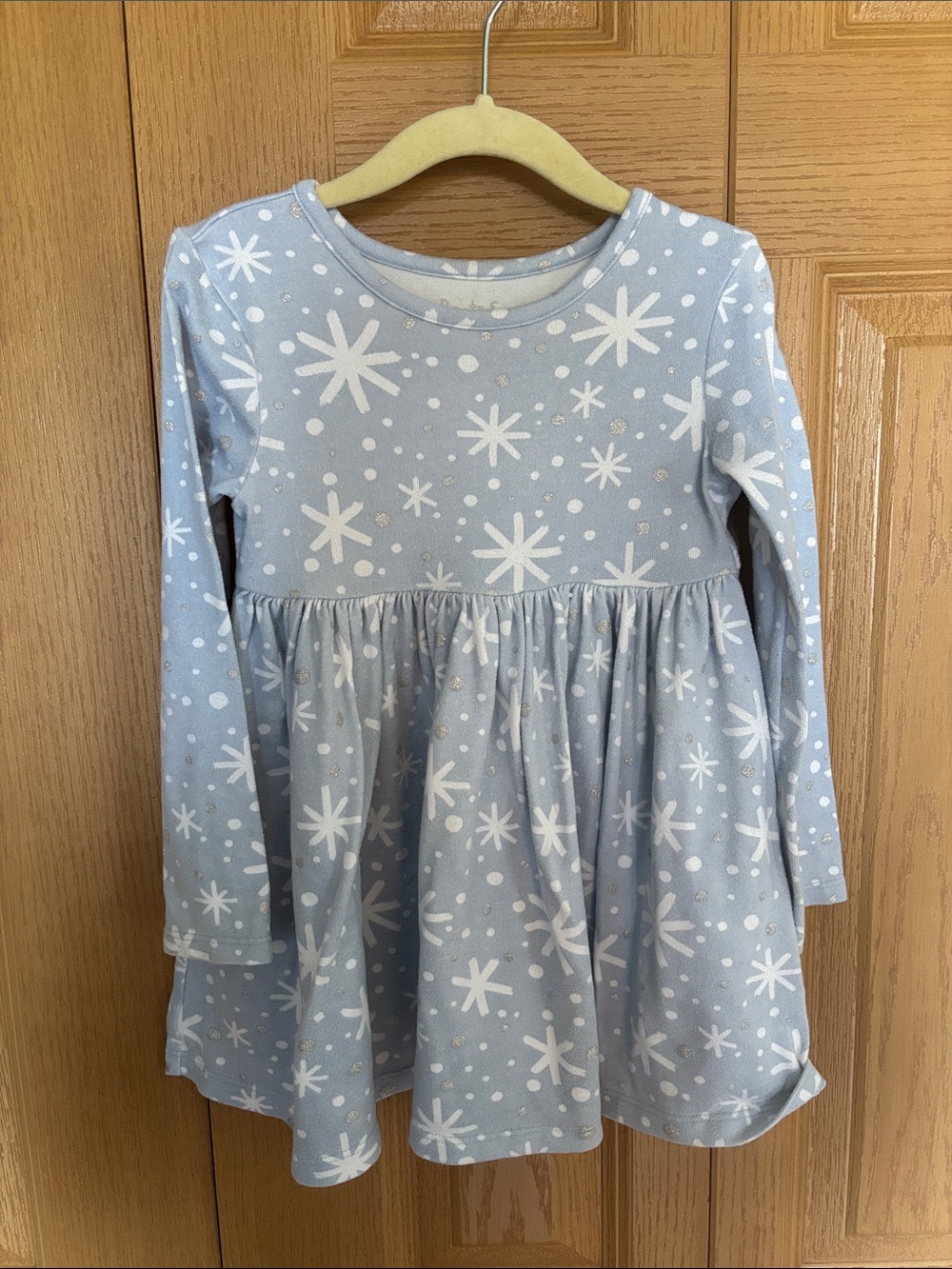 Girls' Light Blue Snowflake Print Casual Long-Sleeve Dress